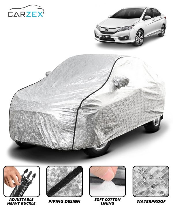 Carzex Waterproof & Heat Resistant Metallic Silver With Black Border Car Body Cover with Mirror Pockets For Honda City 2018